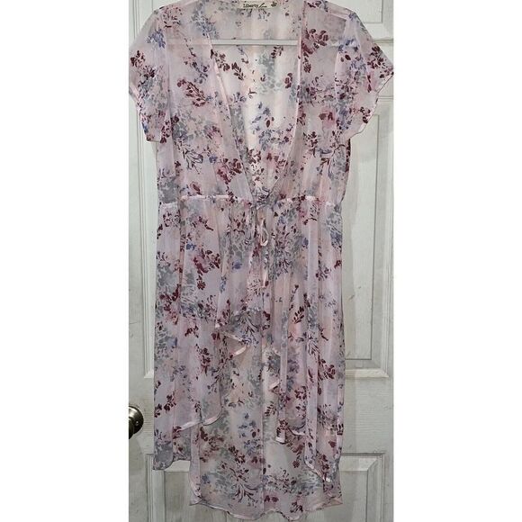Liberty Love Cardigan Kimono Sz XL Pink Floral Tie Front‎ Robe Ruffle - Picture 1 of 5